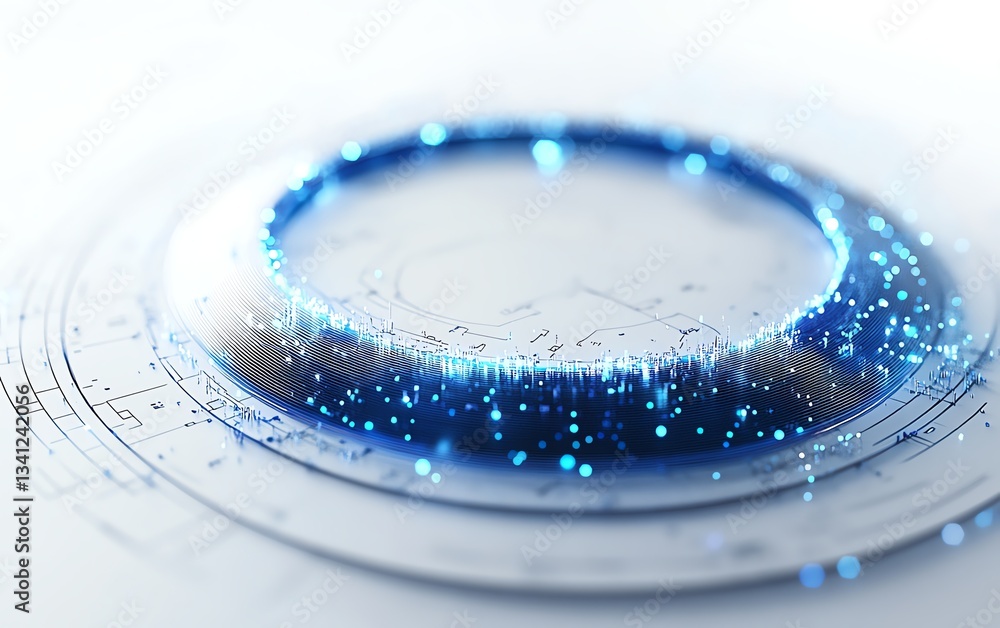 Poster circular tech interface design with glowing blue lines and dots, digital technology layout on a whit