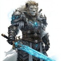 Fototapeta premium Lion warrior in ornate armor wielding a glowing sword on white backdrop, symbolizing mythical power and nobility. Perfect for fantasy illustrations, book covers, and heroic character design.