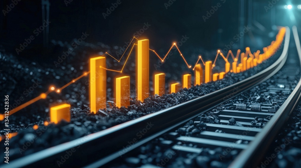 Poster a coal conveyor belt with a bar chart displaying energy cost distribution.