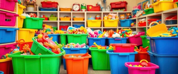 Brightly colored plastic bins overflowing with toys in a cheerful playroom, safe, containers