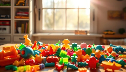 Fototapeta premium Brightly colored toys scattered on a table by a sunlit window, innocent, wooden table