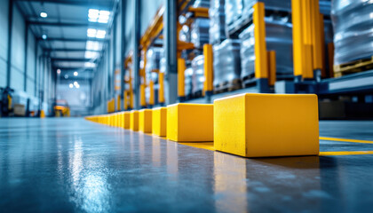 A series of yellow blocks is organized in a straight line on the smooth concrete floor of a warehouse. The environment features high shelves filled with goods and bright overhead lighting