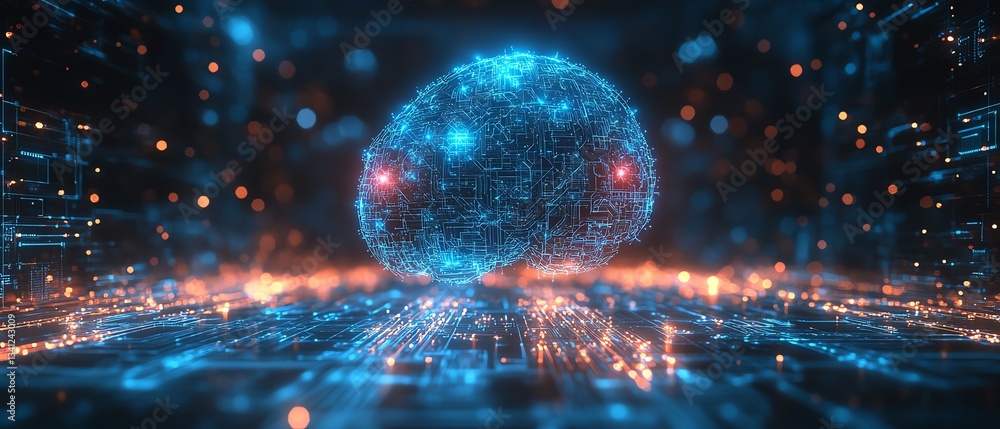 Poster futuristic glowing blue digital brain hologram with abstract circuit patterns, artificial intelligen