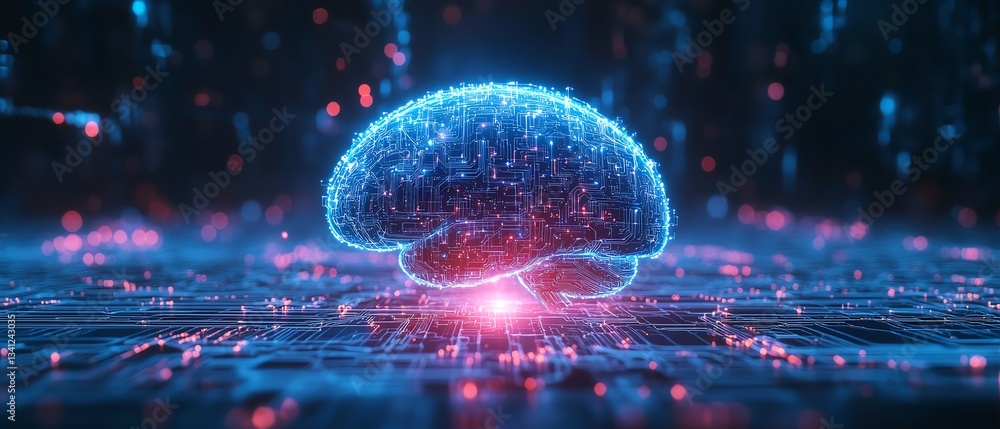 Poster futuristic glowing blue digital brain hologram with abstract circuit patterns, artificial intelligen