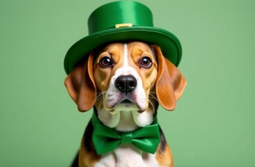 Beagle wearing green hat and bow tie for st. patrick's celebration