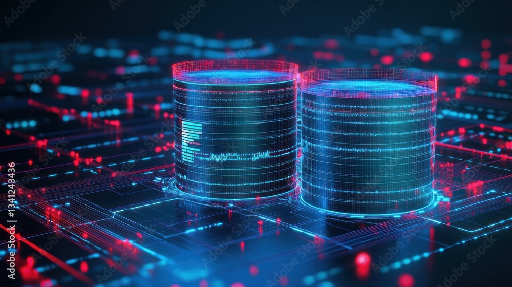 Poster digital database cylinders: futuristic data storage concept
