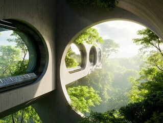 A futuristic structure integrates seamlessly with lush greenery, featuring circular windows that offer stunning views of a vibrant natural landscape.