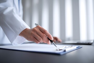 Fototapeta premium Doctor's Hand Filling Out Medical Form at Desk