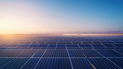 Aerial view of solar panels farm at sunrise. Possible use stock photo