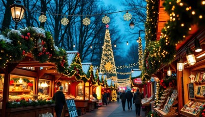 Obraz premium Charming holiday market scene with twinkling lights and festive stalls, Christmas market, holiday spirit