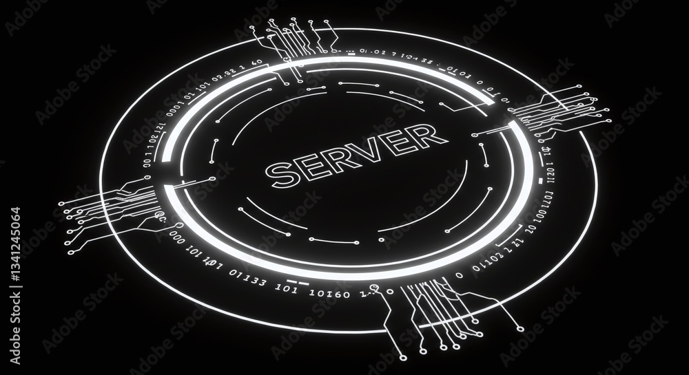 Poster digital server circle: a futuristic, illuminated circular design featuring the word 