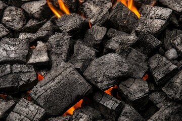 A close-up of black charcoal pieces glowing with orange flames, ideal for grilling or heating.