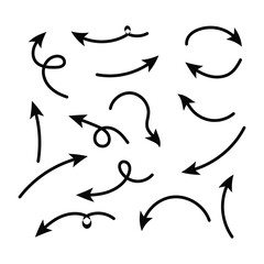 Set of black hand drawn arrow element vector. Collection of doodle arrows, lines, symbol, pointing mark, shapes on white background. Simple icon illustration for education, decoration, map in eps 10.