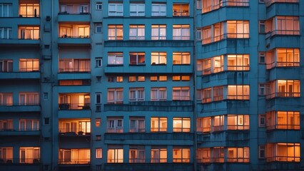 A close-up view of a multi-story apartment building facade,