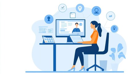 Naklejka premium Young Woman Working on Laptop at Desk in Modern Workspace
