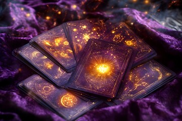 Mystical tarot cards spread across a plush purple fabric, glowing with cosmic symbols and energy