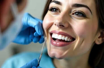 Young caucasian female at dentist for routine dental checkup and teeth cleaning