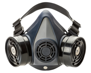 Protective respirator mask with dual air filtration system on a transparent background