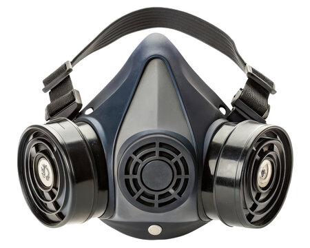 Protective respirator mask with dual air filtration system on a transparent background