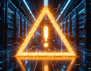 Data blocker concept. A glowing warning sign in a digital server room, surrounded by technology and circuit patterns, highlighting a potential alert or danger.
