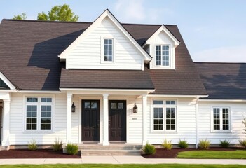 Clean white clapboard siding, black roof, modern farmhouse exterior, residential, facade