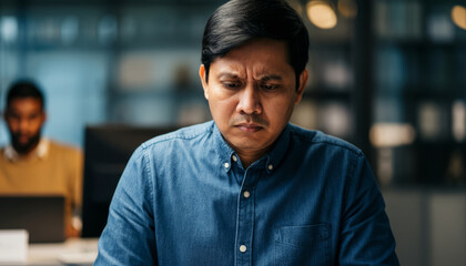 Fototapeta premium Young asian male in blue shirt focused and serious in office setting