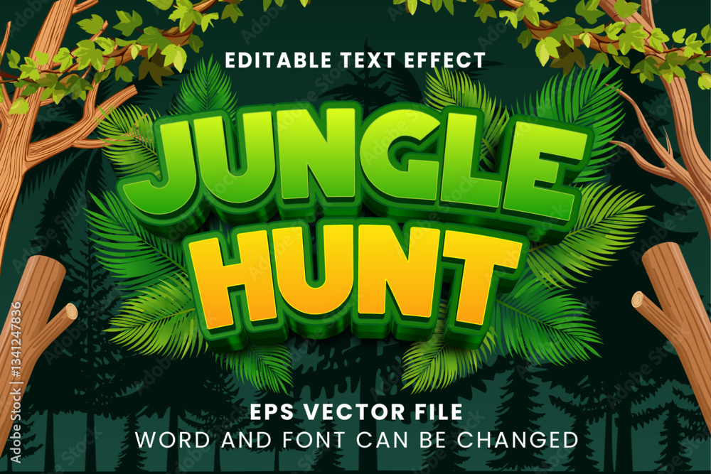 Poster jungle hunt editable vector text effect. forest game tittle text effect