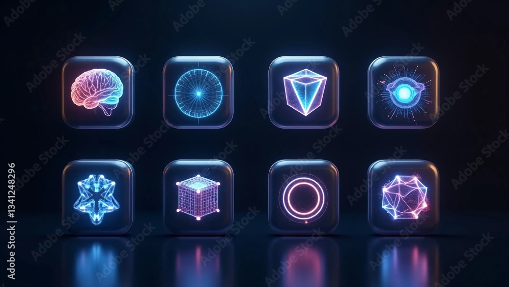 Fototapete glowing neon sign with reflection icons set on background with reflection 3d rendering