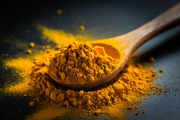 a close-up shot of turmeric powder on a wooden spoon. The powder is bright yellow, and it is placed against a dark surface. The texture of the powder is fine and granular.