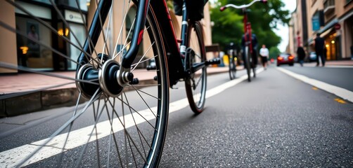 Close-up of bicycle wheels spinning on city street,  exploration,  two wheeled adventure