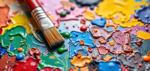 Obraz premium Close-up of colorful oil paint on palette, brushes resting, studio, macro photography