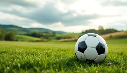 Fototapeta premium Soccer Ball Resting on Grassy Field with Rolling Hills Backdrop