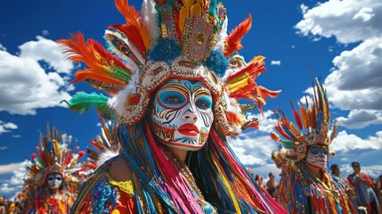 Colorful dancer in vibrant parade costume, outdoor festival