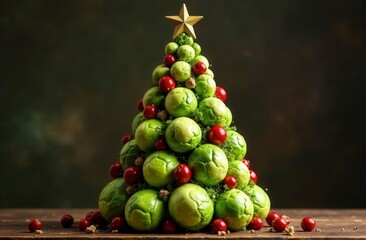 Festive brussels sprout christmas tree with cranberries and star topper