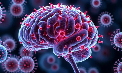 A detailed 3D-rendered brain with virus particles spreading, symbolizing infection, neurology, and medical research - Powered by Adobe