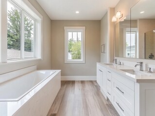 Fototapeta premium A bathroom with a bathtub and two sinks. The bathtub is white and the sinks are white