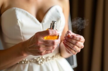 Female caucasian bride in white dress holding perfume bottle