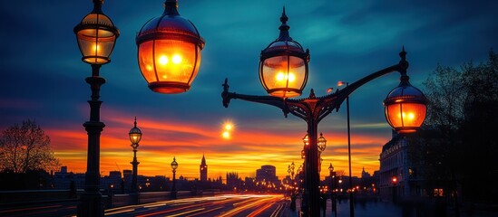 Obraz premium Sunset city bridge lamps, traffic, travel