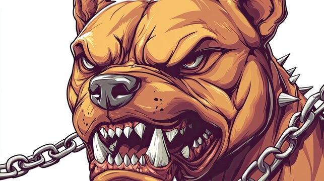 Aggressive Pit Bull Portrait, Glaring, Chain, White Background, Tattoo Design