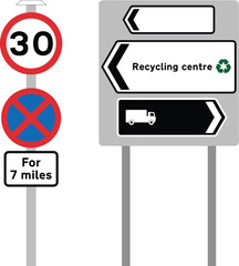 Traffic Road Signs with Signal Boards, Direction Arrows, Stop Symbols, and Pole-Mounted Informational Signage. Backing board