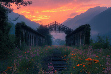 Overgrown railway station at sunset in mountains, nature reclaiming architecture.