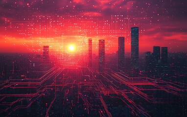 Fototapeta premium Cyberpunk city sunset digital art