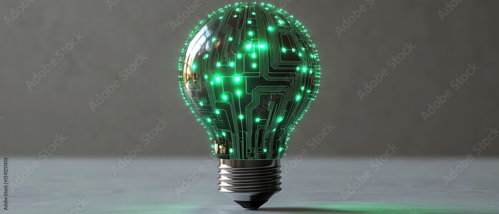 Aufkleber artificial intelligence concept light bulb with neon green circuit pattern, 3d rendering, white back