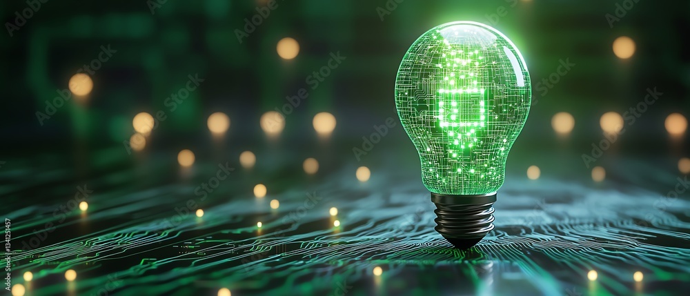 Poster artificial intelligence concept light bulb with neon green circuit pattern, 3d rendering, white back