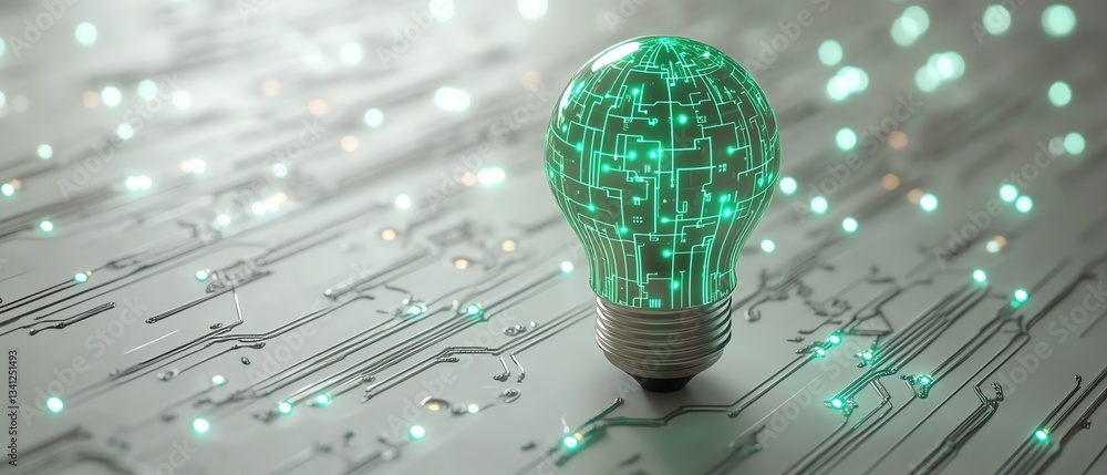 Poster artificial intelligence concept light bulb with neon green circuit pattern, 3d rendering, white back