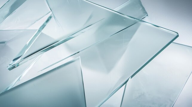 Shattered glass fragments with sharp edges. Clear broken panes in angular shapes. Transparent glass shards on light backdrop. Reflective crystal pieces for abstract art.