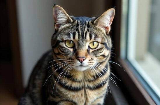 Close-up of majestic bengal cat with striking green eyes by window