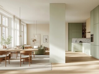 Fototapeta premium A large open living room with a white wall and a green kitchen. The kitchen has a white countertop and a microwave