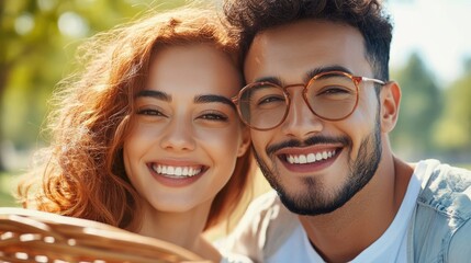 Fototapeta premium Happy Couple Smiling in Nature with Bright Sunlight Background
