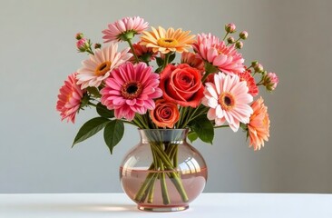Vibrant floral bouquet of gerberas and roses in glass vase